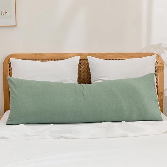 BESTOUCH 100% Washed Cotton Pillowcase for Hair and Skin Linen Feel Soft Comfortable Breathable 1 Pcs Pillow Case with Envelope Closure Solid Green Body 20x54 Inches