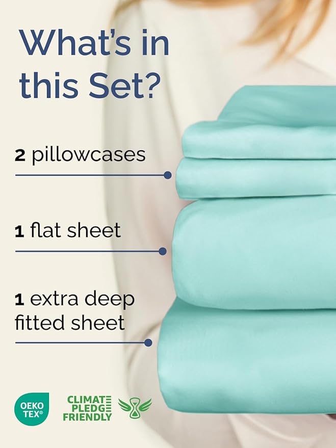Extra Deep Pocket King Sheets - 4 Piece Breathable & Cooling Bed Sheets - Hotel Luxury Bed Sheet Set - Soft, Wrinkle Free & Comfy - Easily Fits Extra Deep Mattresses - Deep Pocket Spa Blue Sheets Set
