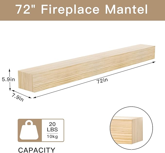 Fireplace Mantel Shelf, 72" Handcrafted Solid Wood Floating Shelf for Over Fireplace - Rustic Farmhouse Wall-Mounted Mantel with Heavy-Duty Hidden Bracket, 72"x8"x6" Natural Finish