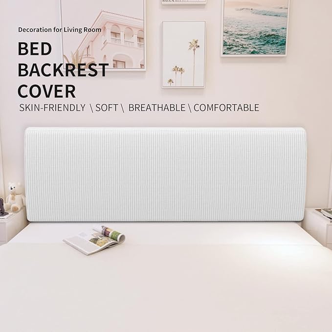Easy-Going Stretch Bed Headboard Slipcover, Small Square Jacquard Furniture Cover, Dustproof Protector Cover for Bedroom Decor (Full,White)