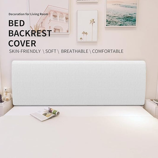 Easy-Going Stretch Bed Headboard Slipcover, Small Square Jacquard Furniture Cover, Dustproof Protector Cover for Bedroom Decor (Queen,White)