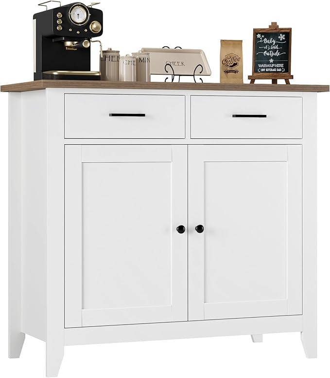 HORSTORS Kitchen Storage Cabinet, Modern Farmhouse Buffet Cabinet with Storage, Coffee Bar with 2 Drawers and 2 Doors, Floor Sideboard Buffet for Living Room, Dining Room, Bathroom, Ivory White