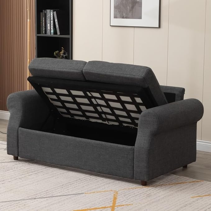 Panana Modern 2 and 3 Seats Loveseat Sofa Couch with Storage, Small Love Seat Couches for Living Room, Bedroom, Apartment, Office (Light Gray Linen Fabric, Scroll Arm - 2 Seater)