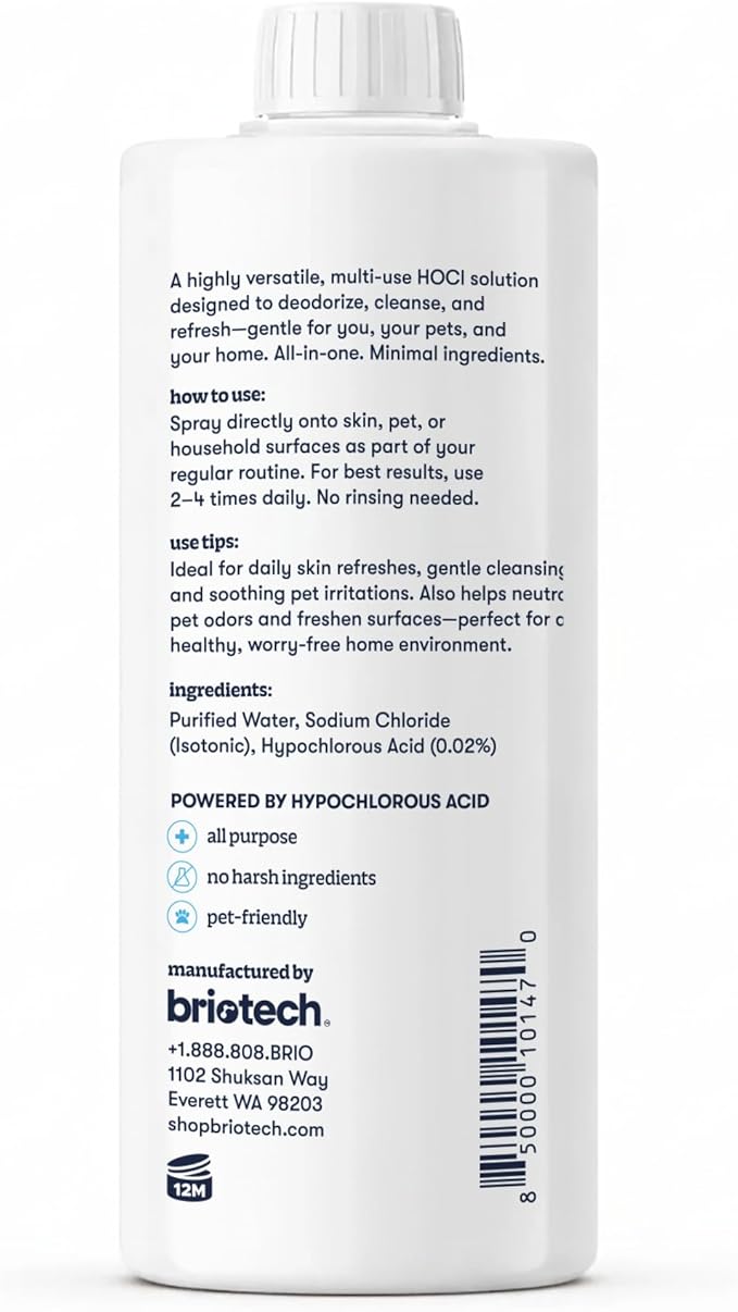 BRIOTECH Pure Hypochlorous Acid Cleanser, Original Premium HOCl Topical Solution, Multi-Purpose Cleaner, Family Approved & Pet Friendly, 32 fl oz Refill (2 Pack)