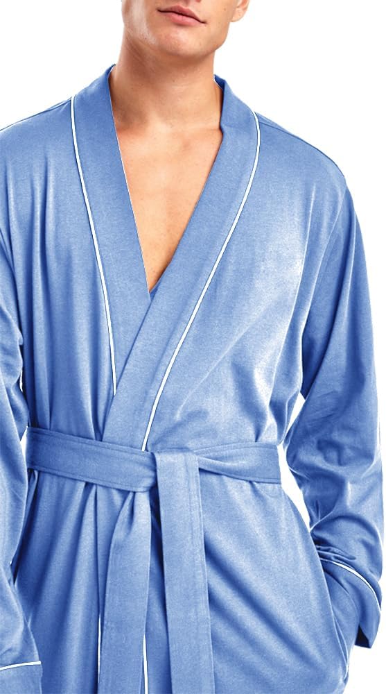 HOLOVE Men's Pure Cotton Bathrobe Lightweight Kimono and Hooded Spa Robes Soft Sleepwear