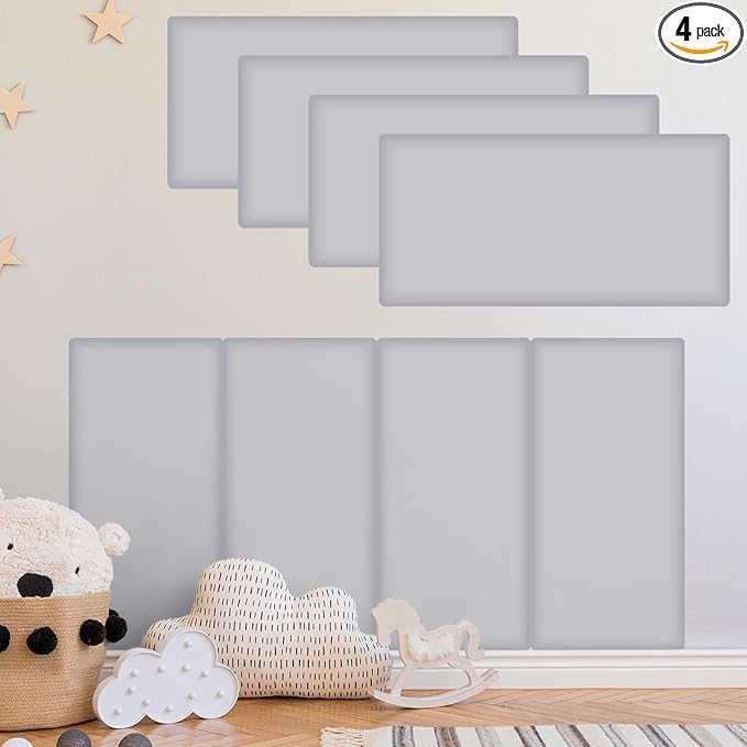 4 Pack Wall Padding for Playroom Peel and Stick Headboard 15.75" x 7.87" x 1.18" 3D Anti Collision Upholstered Wall Panels Self Adhesive Headboard Panel for Protection (Light Gray)