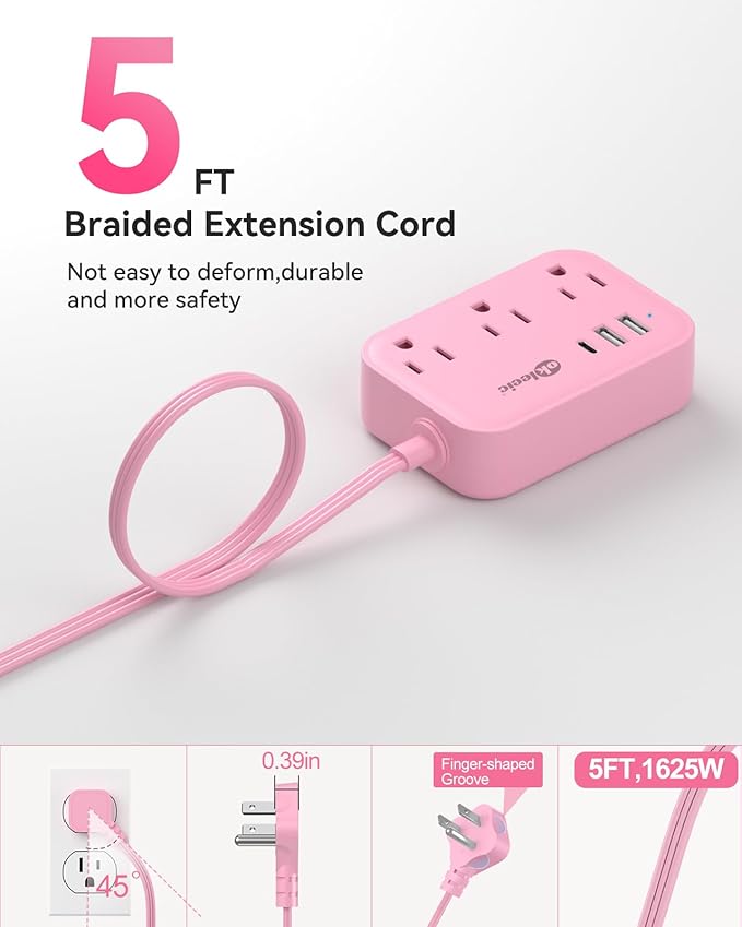 Pink Power Strip - 5Ft Extension Cord with 3 USB(1 USB C) Charging Station and 3 Outlets, Pink Desk Accessories for Cruise Travel Cute Kawaii College Dorm Desk Home Essentials