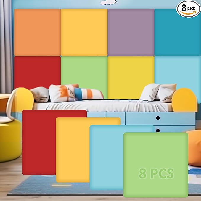 8 Pack Wall Padding for Playroom Peel and Stick Headboard 11.81" x 11.81" x 1.18" 3D Anti Collision Upholstered Wall Panels Self Adhesive Headboard Panel for Protection (Rainbow Colors)