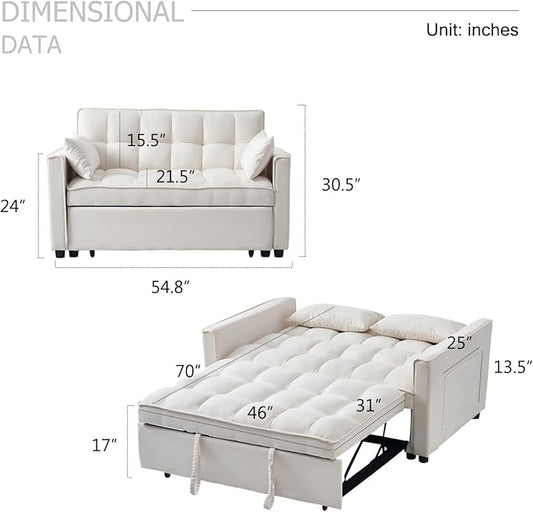 Futon Sofa Bed, 3 in 1 Sleeper Sofa Couch Bed with Armrests, Storage Pockets and 2 Pillows, Adjustable Backrest, Sofa Bed Couch for Living Room, Bedroom, Office,Reading Room(Beige)
