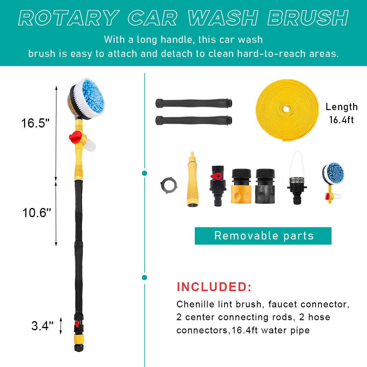 Rotating Car Wash Brush, 360° Spin Auto Cleaning Brush with Long Handle, Detachable Washing Brush with Soft Chenille Bristles Universal for Most Vehicles, Car Accessories (Brush)