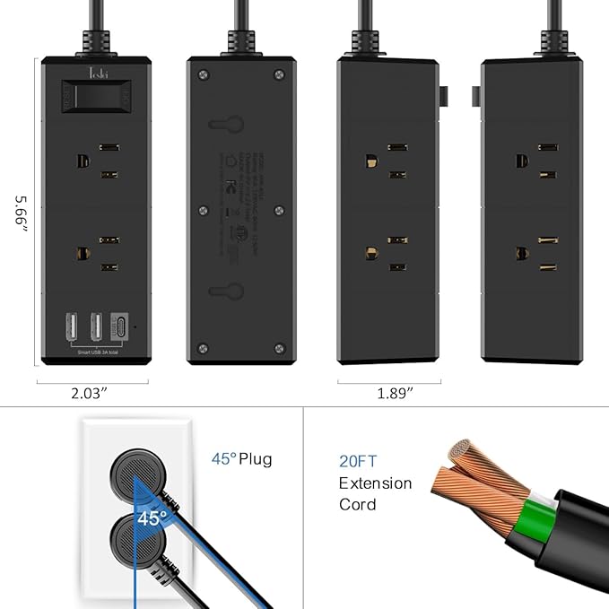 20Ft Extension Cord Flat Plug Power Strip - Tcstei 3-Side Outlet Extender with 6 AC Outlets and 3 USB Ports (1 USB C), Compact for Home, Office, Dorm Room Essentials, Black