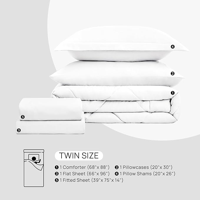 Love's cabin Twin Comforter Set White, 5 Pieces Twin Bed in a Bag, All Season Bedding Sets with 1 Comforter, 1 Flat Sheet, 1 Fitted Sheet, 1 Pillowcase and 1 Pillow Sham