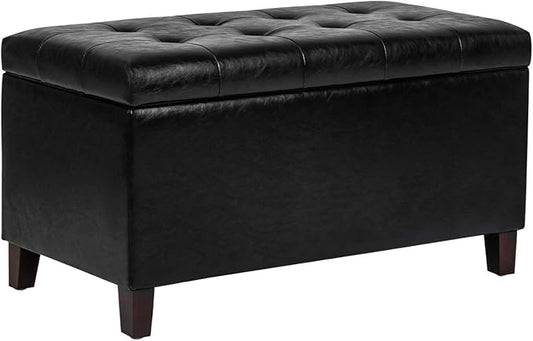 Joveco Storage Ottoman Bench, 33 Inches Faux Leather Rectangle Tufted Foot Stool for End Foot of Bed, Bedroom, Living Room, Black