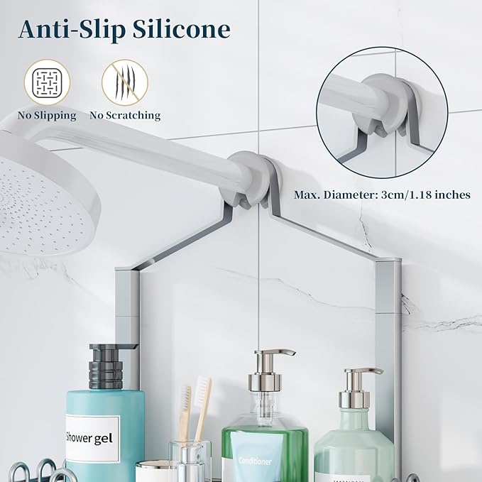 Consumest Shower Caddy Hanging – Rustproof Over Shower Head Hanger with Soap Holder and Hooks, Anti-Slip Shower Shelves for Storage, Bathroom Organizer for Apartment, Dorm, Silver