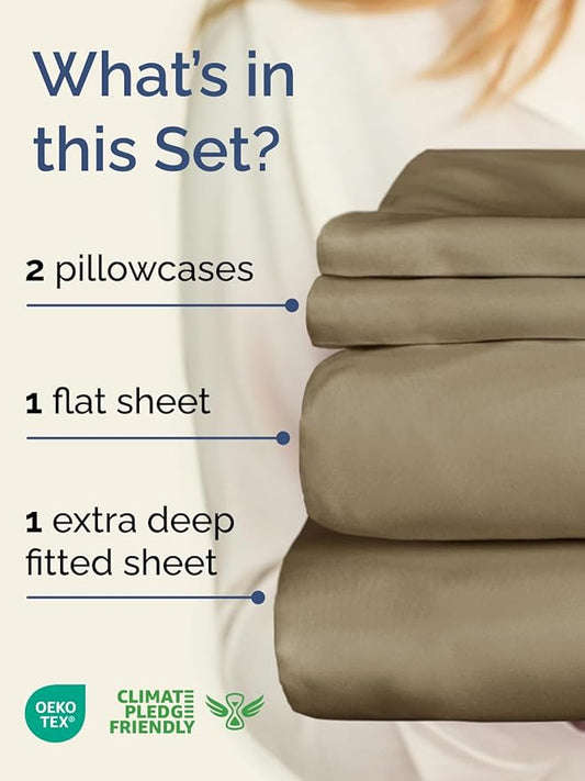 Extra Deep Pocket Cal King Sheets - 4 Piece Breathable & Cooling Bed Sheets - Hotel Luxury Bed Sheet Set - Soft, Wrinkle Free & Comfy - Easily Fits Extra Deep Mattresses - Deep Pocket Khaki Sheets Set