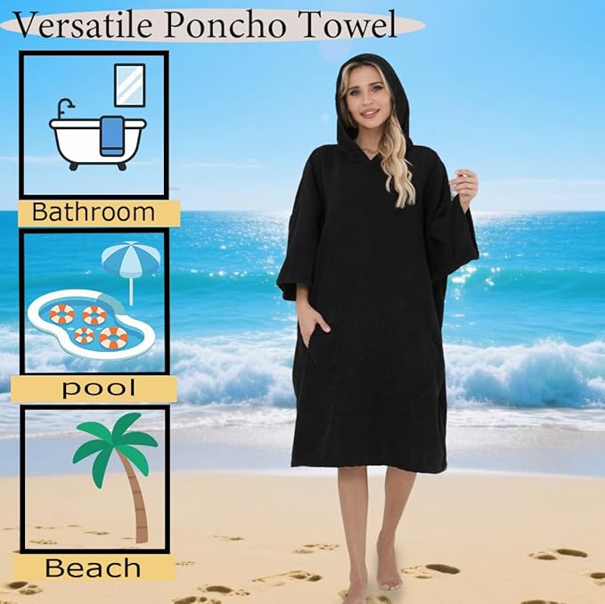 Surf Poncho Hooded Beach Towel, Quick Dry Terry Cloth, Extra Large Changing Robe with Pockets for Adults, Unisex Black Cover-Up for Swim, Bath, Beach, Gift for Swimmer Lovers