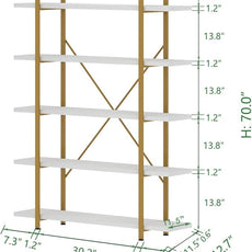 HSH 5 Tier White and Gold Bookshelf, Tall Storage Bookshelves for Bedroom Living Room Office, Metal and Wood Large Book Shelves, Modern Vertical 5 Shelf Bookcase, Farmhouse Big Open Display Book Shelf