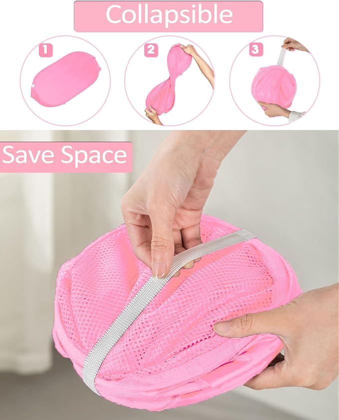 2 Pack Durable Collapsible Laundry Baskets - Reinforced Mesh Pop Up Laundry Hamper with Pocket, Foldable Dirty Clothes Hamper with Carry Handles for Laundry, Bathroom, Kids Room, Dorm or Travel Pink
