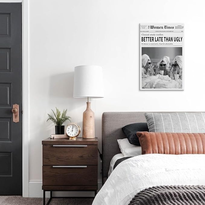 Vintage Women Times Black and White Newspaper Wall Art Better Late Than Ugly Poster Canvas Prints Funky Feminist Posters Trendy College Wall Decor for Bar Cart Girl Dorm Room 24x36inch Framed