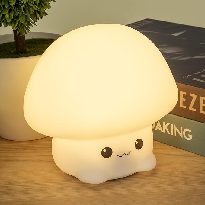 LED Squishy Animal Night Light - 2 Level Dimmable Nursery Lamp, Rechargeable Touch Lamp, Cute Dorm Decor - Perfect Boys Girls Gift (Cartoon Mushroom)