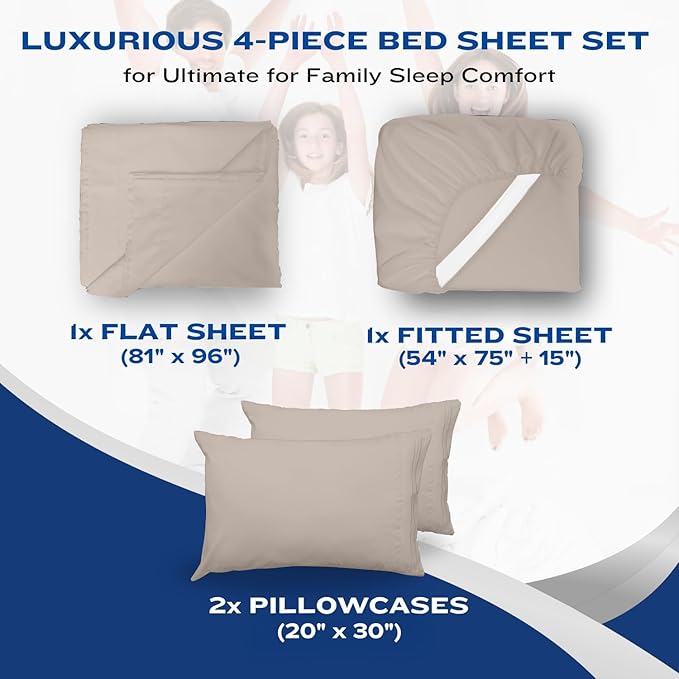 DREAMCARE Full Size Sheets Set - 4 Pcs Cooling Bed Sheets with Up to 15" Deep Pockets - Soft, Long-Lasting 100% Brushed Polyester with Side Pocket (Beige) DREAMCARE