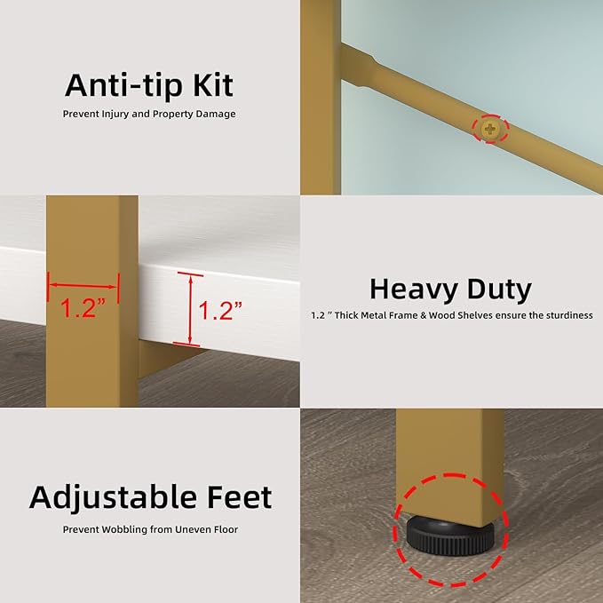 HSH 5 Tier White and Gold Bookshelf, Tall Storage Bookshelves for Bedroom Living Room Office, Metal and Wood Large Book Shelves, Modern Vertical 5 Shelf Bookcase, Farmhouse Big Open Display Book Shelf