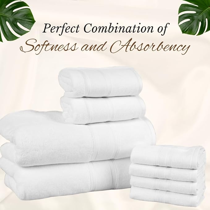 Luzia 8 Piece Bathroom Towel Set - 100% Turkish Cotton, Premium Quality - 2 Bath Towels 2 Hand Towels and 4 Washcloths (White)