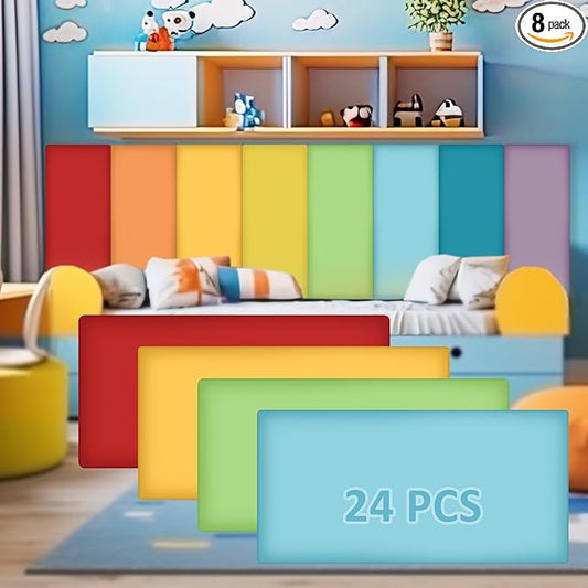 8 Pack Wall Padding for Playroom Peel and Stick Headboard 15.75" x 7.87" x 1.18" 3D Anti Collision Upholstered Wall Panels Self Adhesive Headboard Panel for Protection (Rainbow Colors)