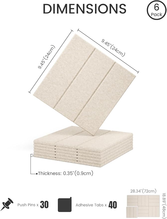 Felt Bulletin Board Tiles -28"x18" with 40 Adhesive Tabs, Cork Board Alternative for Office Decor, Push Pin Board Wall Organizer 6-Pack (Oatmeal)