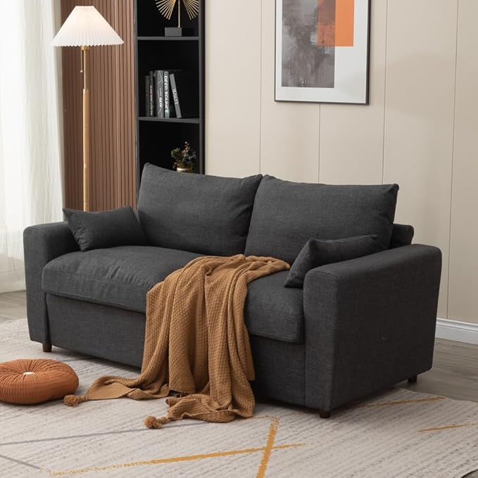 Panana Modern 2 and 3 Seats Loveseat Sofa Couch with Storage, Small Love Seat Couches for Living Room, Bedroom, Apartment, Office (Dark Gray Linen Fabric, 3 Seater)