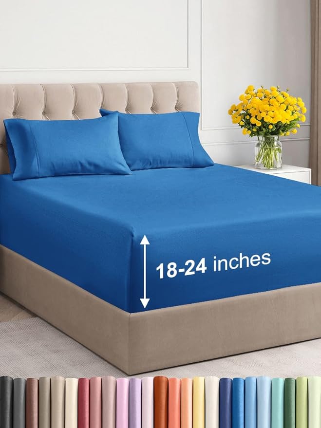 Extra Deep Twin Sheet Set - 4 Piece Breathable & Cooling Sheets - Hotel Luxury Bed Sheets Set - Easy & Secure Fit - Soft, Wrinkle Free & Comfy Sheets Set - Royal Blue Sheet Set with Extra Deep Pockets