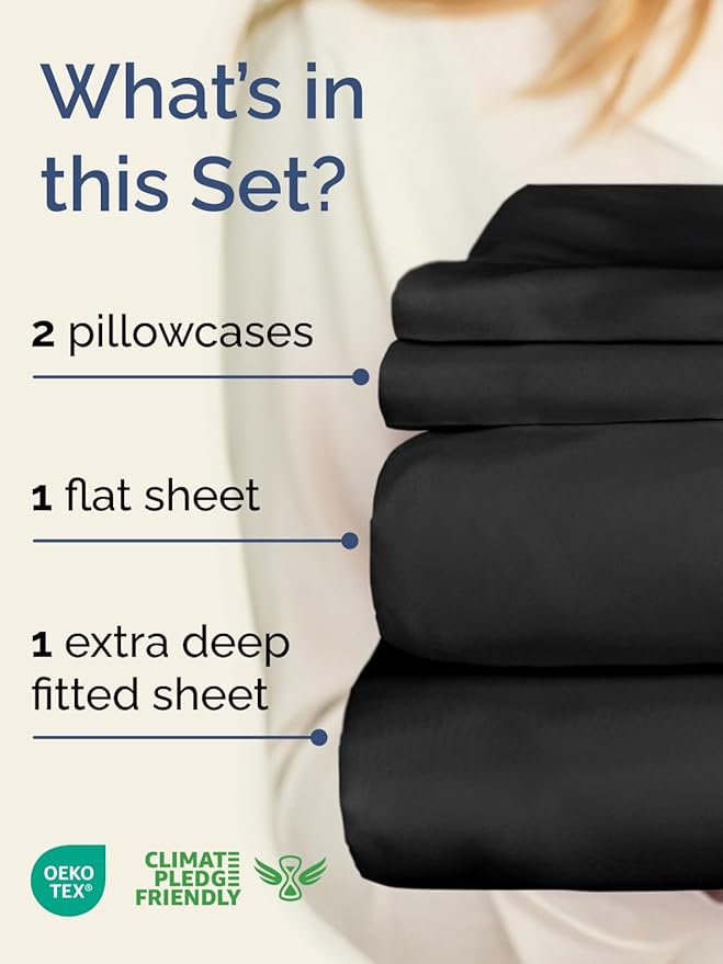 Extra Deep Pocket Queen Sheet Set - 4 Piece Breathable & Cooling Bed Sheets - Hotel Luxury Sheet Set - Ultra Soft, Wrinkle Free & Comfy - Easily Fits Extra Deep Mattresses - Deep Pocket Black Sheets