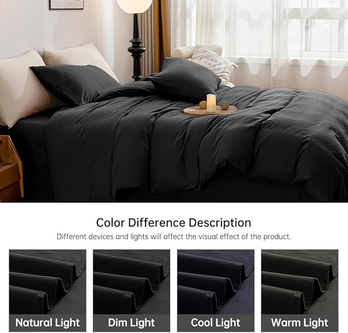 JELLYMONI Cotton Duvet Cover Twin Size - 100% Washed Cotton Linen Feel Textured Comforter Cover, 2 Pieces Breathable Soft Bedding Set with Zipper Closure(Black,Twin 68"×90")