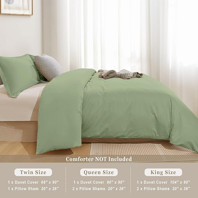 100-Percent Cotton Duvet Cover Set, Hidden Zipper Closure, Ultra Soft, Easy Care and Durable, Simple Bedding Style, Queen, Pastel Green (Comforter Not Included)