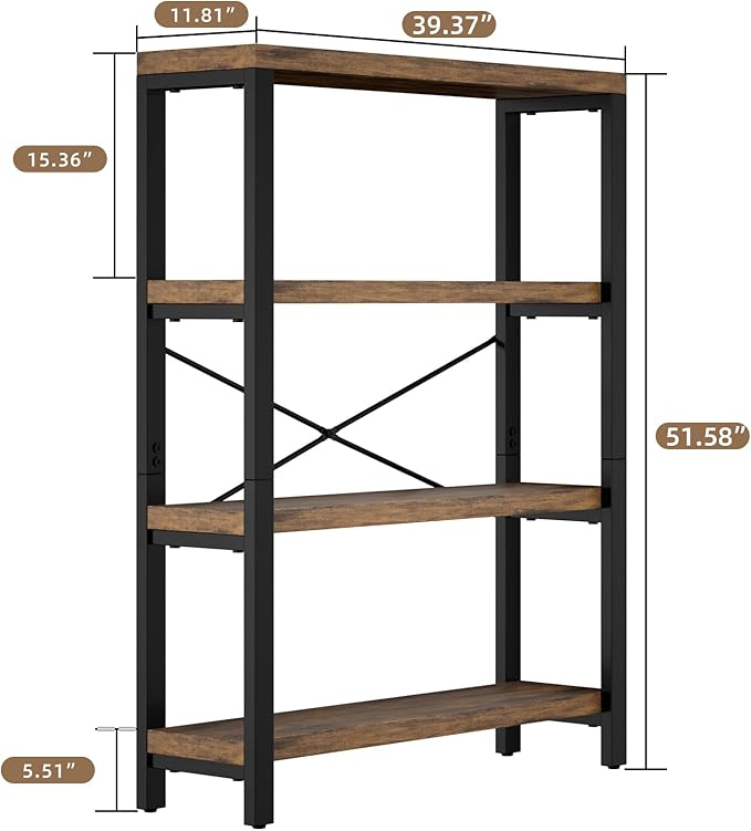 4-Tier 39.37" Wide Heavy Duty Bookshelf, Industrial Wood and Metal Bookshelf, Vintage Bookcase with Lock Wall Design, Living Room Shelf, Rustic Brown