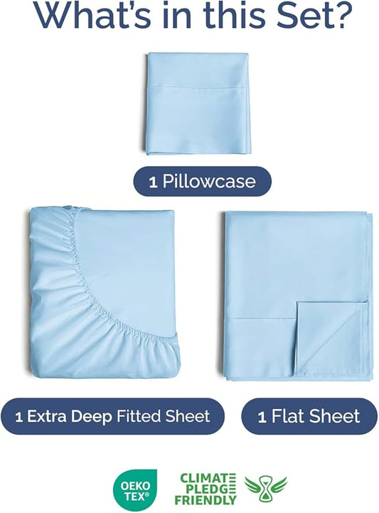Extra Deep Pocket Twin Sheets - 3 Piece Breathable & Cooling Bed Sheets - Hotel Luxury Bed Sheet Set - Soft, Wrinkle Free & Comfy - Easily Fits Extra Deep Mattresses - Deep Pocket Light Blue Sheets