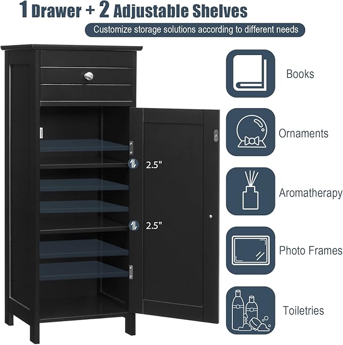 Tangkula Bathroom Floor Cabinet, Wooden Side Storage Organizer, Free-Standing Single Door Floor Storage Cabinet with Large Drawer & 2 Adjustable Shelves for Living Room Kitchen (Black)
