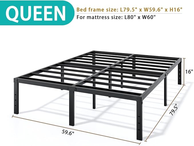 Metal Bed Frame Queen Size - 16 Inch Heavy-Duty Queen Platform Bed Frame No Box Spring Needed, Easy Assembly, Noise-Free, Sturdy Mattress Foundation, Underbed Storage Space