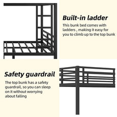 Twin XL Over Twin XL Bunk Bed, Metal Bunk Bed Frame Heavy Duty Bunk Beds Loft Bed Frame with Ladder and Guardrail Metal Slats No Box Spring Required for Adults Teens, Black