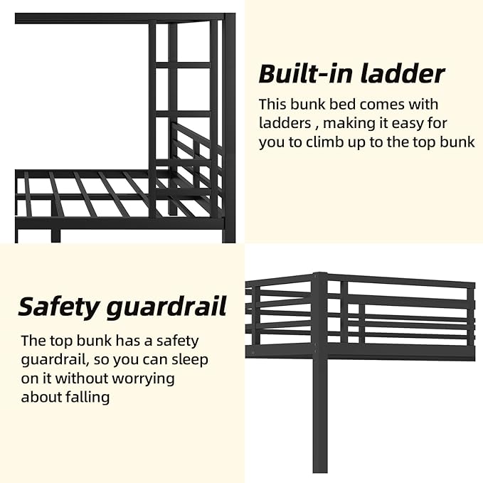 Twin XL Over Twin XL Bunk Bed, Metal Bunk Bed Frame Heavy Duty Bunk Beds Loft Bed Frame with Ladder and Guardrail Metal Slats No Box Spring Required for Adults Teens, Black