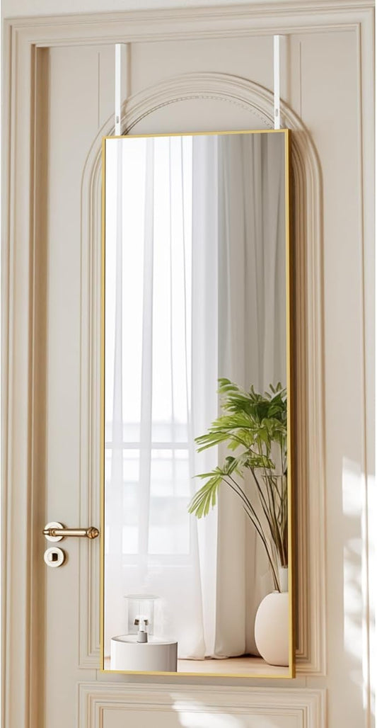 VooBang 14" x 48" Adjustable Height Over The Door Mirror - Rectangular Full Length Hanging Door Mirror with Shatterproof Tempered Glass Gold Metal Frame for Dormitory