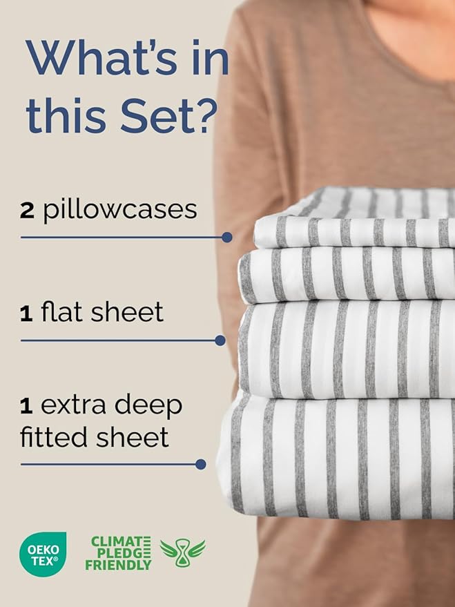Extra Deep Pocket Full Sheets - 4 Piece Breathable & Cooling Bed Sheets - Hotel Luxury Bed Sheet Set - Soft, Wrinkle Free & Comfy - Easily Fits Extra Deep Mattresses - Deep Pocket Grey Striped Sheets