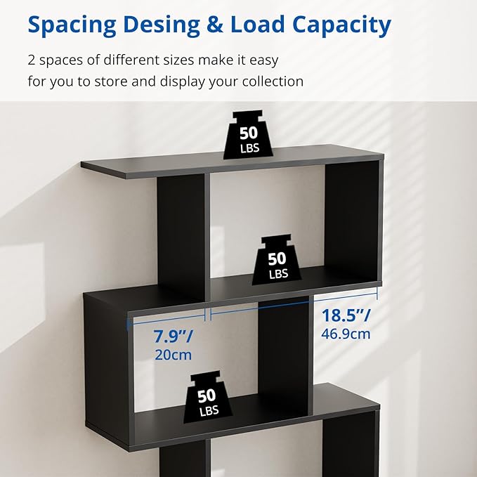 Cozy Castle Set of 2 Geometric Bookcase, S-Shaped Modern Bookshelf, Room Divider Bookshelf, 62" Tall Unique Abstract Bookcase with 5-Tier Display Shelf for Living Room Office, White & Black