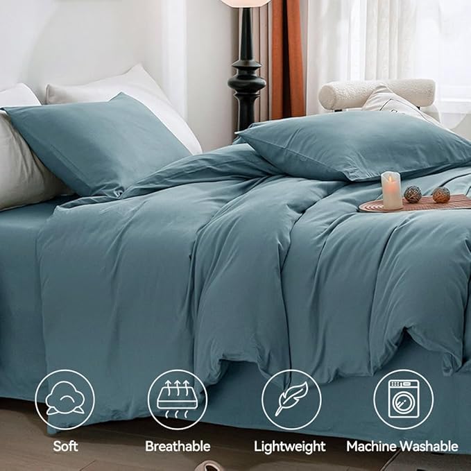 JELLYMONI Cotton Duvet Cover California King - 100% Washed Cotton Linen Feel Textured Comforter Cover, 3 Pieces Soft Bedding Set with Zipper Closure (Grayish Blue, Cal King 104"x98")