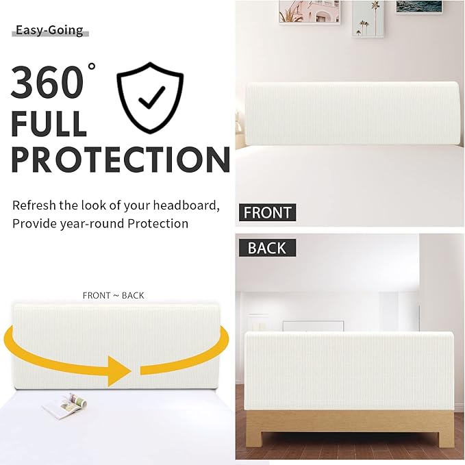 Easy-Going Stretch Bed Headboard Slipcover, Small Square Jacquard Furniture Cover, Dustproof Protector Cover for Bedroom Decor (Full, Cream)
