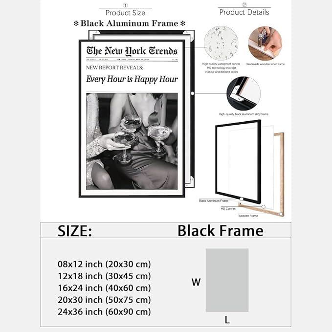 Retro New York Trends Wall Art Black and White Newspaper Poster Every Hour Is Happy Hour Canvas Prints Funky Feminist Posters Trendy Alcohol Wall Decor for Bar Cart Hot Girl Dorm Room Decorative 16x24inch black framed