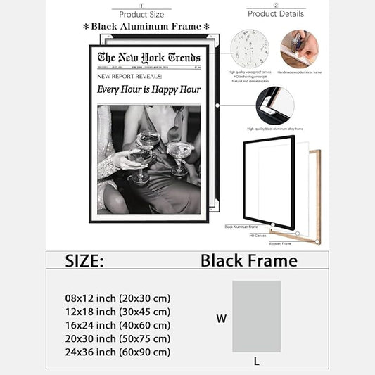 Retro New York Trends Wall Art Black and White Newspaper Poster Every Hour Is Happy Hour Canvas Prints Funky Feminist Posters Trendy Alcohol Wall Decor for Bar Cart Hot Girl Dorm Room Decorative 12x16inch black framed