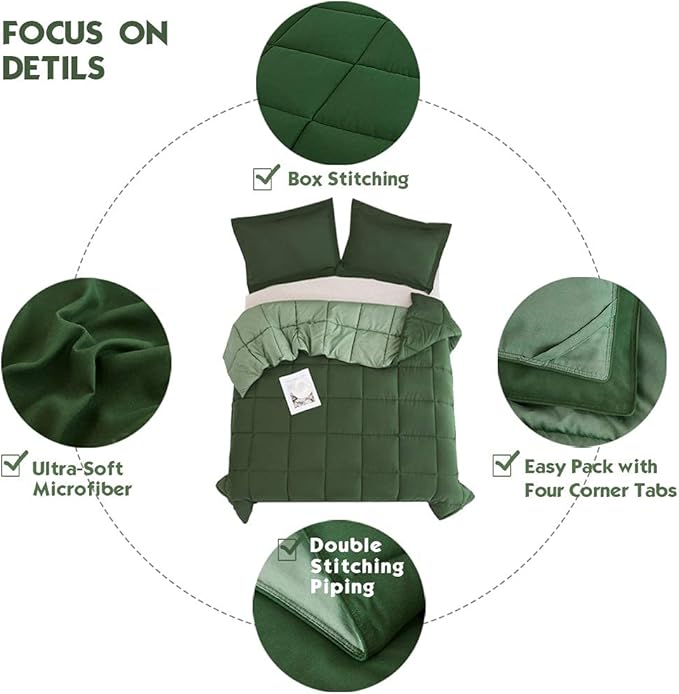 HIG 3pc Green Twin/Twin XL Comforter Set - All Season Reversible Down Alternative Bedding Comforter - Quilted Duvet Insert with Corner Tabs - Box Stitched Blanket - Breathable, Soft, Fluffy