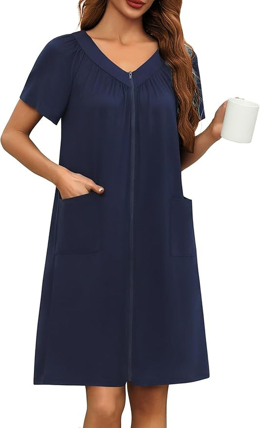 Ekouaer Women Robe Zipper Front Mumu Duster Robes Zip Up Housecoat Soft Sleepwear with Pockets