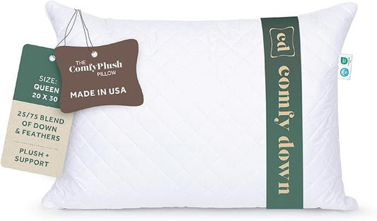 ComfyDown Premium Feather and Down ComfyPlush Supportive Bed Pillow for Sleeping, Luxury Diamond Quilted Cotton Cover, Made in USA, Medium Firm (Queen = 20x30)